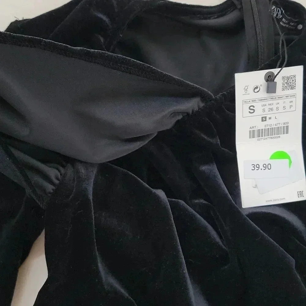 Zara Velour Ruched Midi Dress Womens Small Black NWT Asymmetrical Long Sleeve